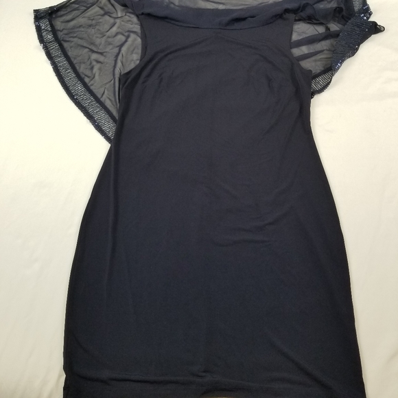 Enfocus Studio Ruffle puffs Sleeve Cover Pencil Dress Blue Sequins Lace Size 6 - Picture 9 of 13